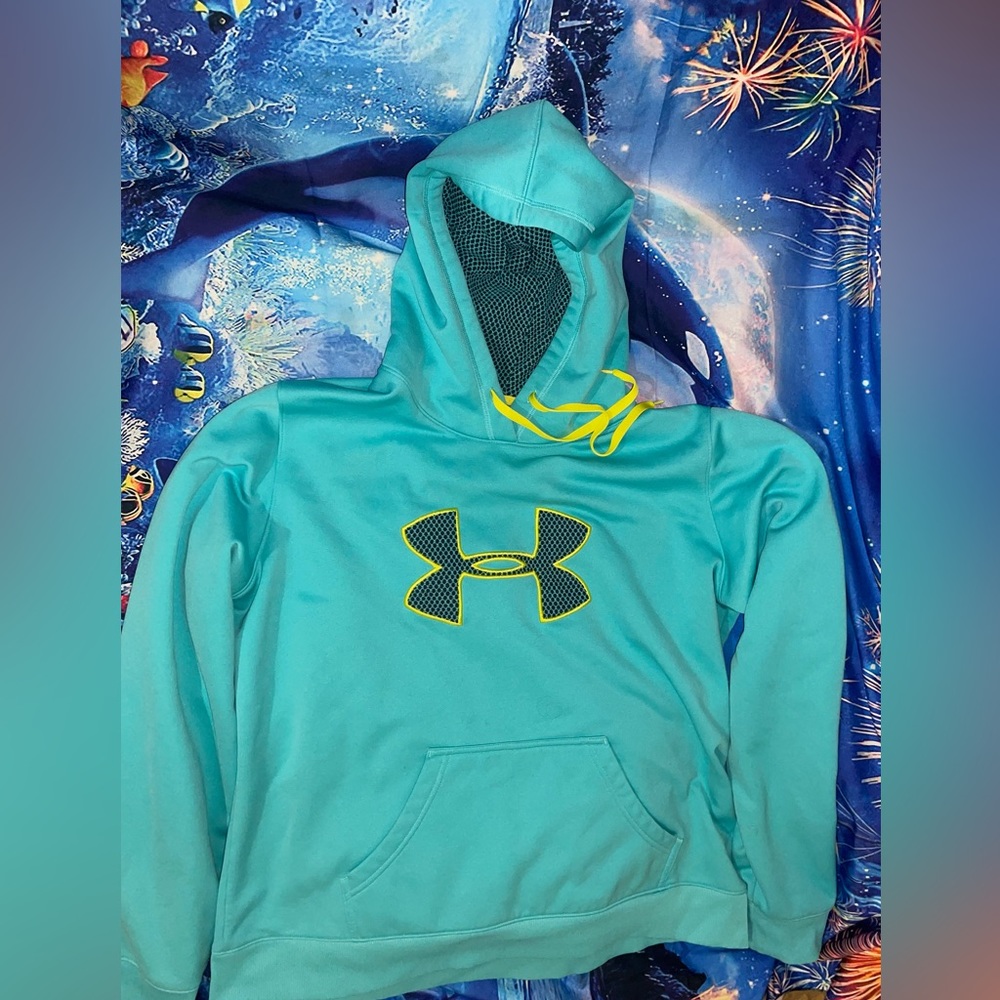 Under Armour UA Storm Pull-over Hoodie Sweatshirt Teal Sz Boy's XL w/Handwarmer
